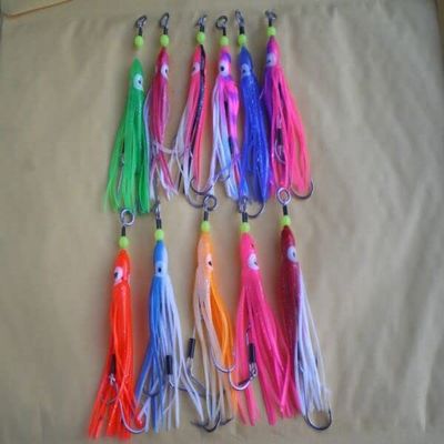 9 PCS. 2 S.S. ASSIST HOOKS #3/0 W/SQUID SKIRT HOOCHIE BAIT & S.S. WIRE LEADER for Toothy Critters, Rigging Baits and Lures for Saltwater & Freshwater.