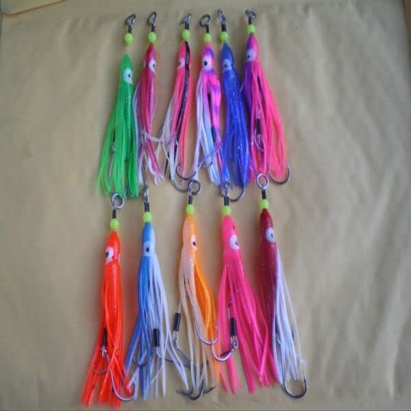 9 PCS. 2 S.S. ASSIST HOOKS #3/0 W/SQUID SKIRT HOOCHIE BAIT & S.S. WIRE LEADER for Toothy Critters, Rigging Baits and Lures for Saltwater & Freshwater.