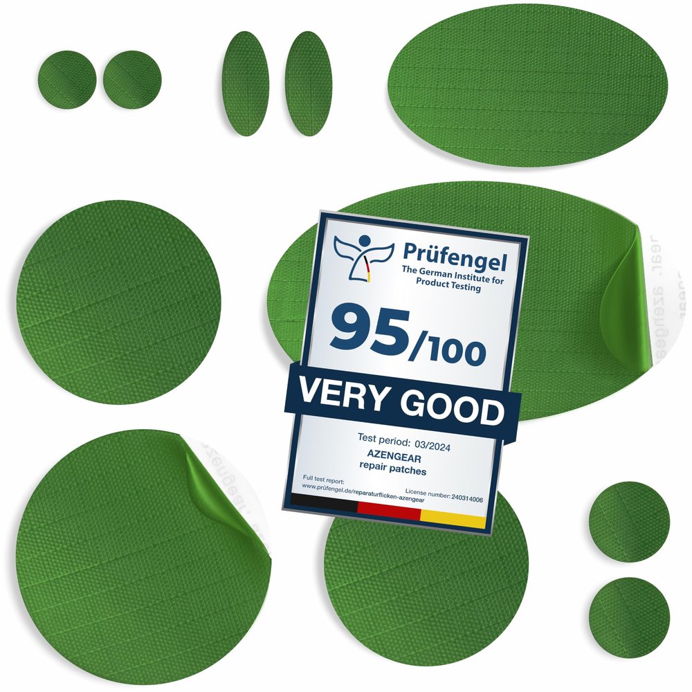 aZengear Repair Patches for Jackets, Tent, Shoe Toe, Air Mattress, Inflatables, PVC Gear - Waterproof, Self-Adhesive, Tear-Cold-Heat-Resistant, Down Puffer Coat (11 Pcs, Cool Green)