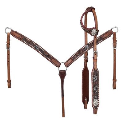Western Headstall Breast Collar Reins Set Leather Hand Carved Tooled Equestrian Trail Horse Saddle Tack Set Full Cob Pony ST-HTS-055 (Full)