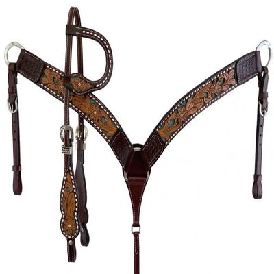 Western Headstall Breast Collar Reins Set Leather Hand Carved Tooled Equestrian Trail Horse Saddle Tack Set Full Cob Pony ST-HTS-065 (Pony)