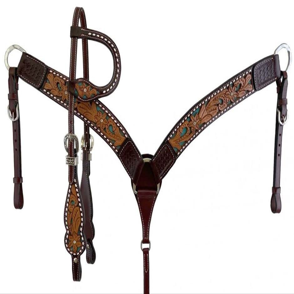 Western Headstall Breast Collar Reins Set Leather Hand Carved Tooled Equestrian Trail Horse Saddle Tack Set Full Cob Pony ST-HTS-065 (Pony)