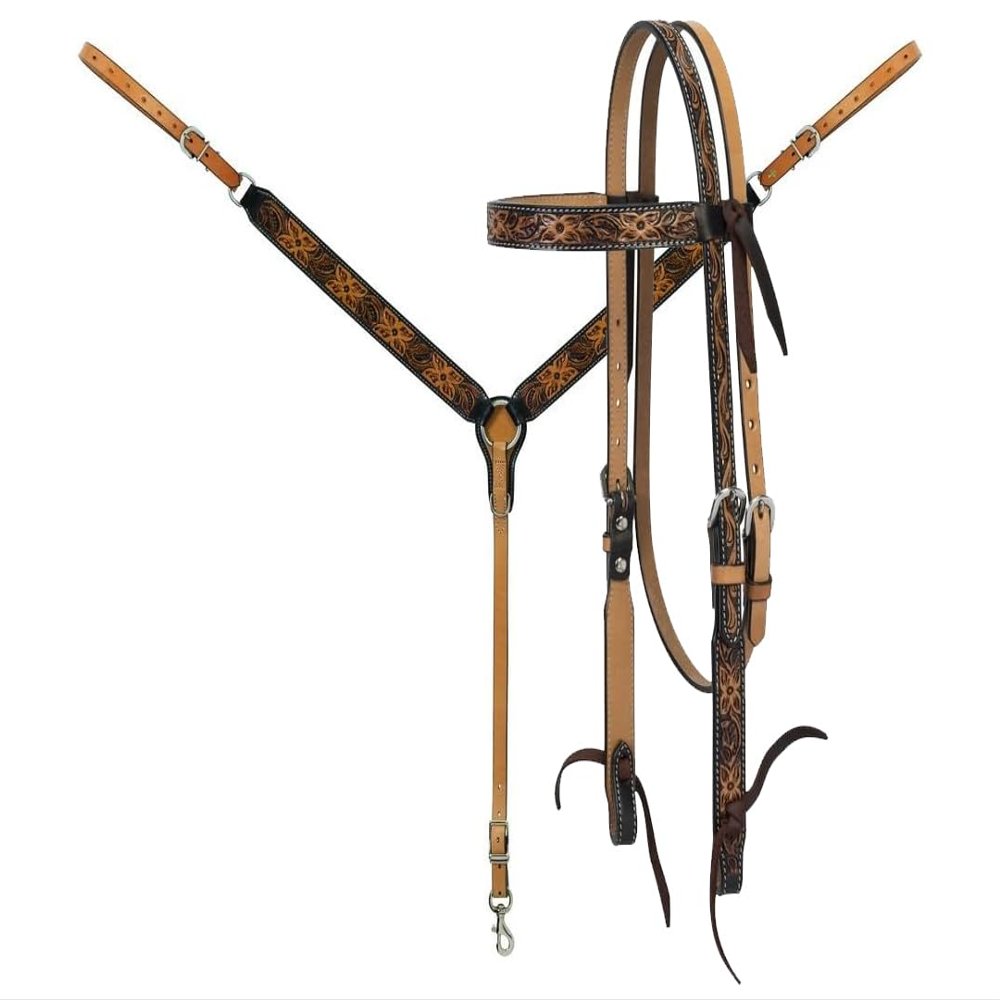 Western Headstall Breast Collar Reins Set Leather Hand Carved Tooled Equestrian Trail Horse Saddle Tack Set Full Cob Pony ST-HTS-077 (Full)