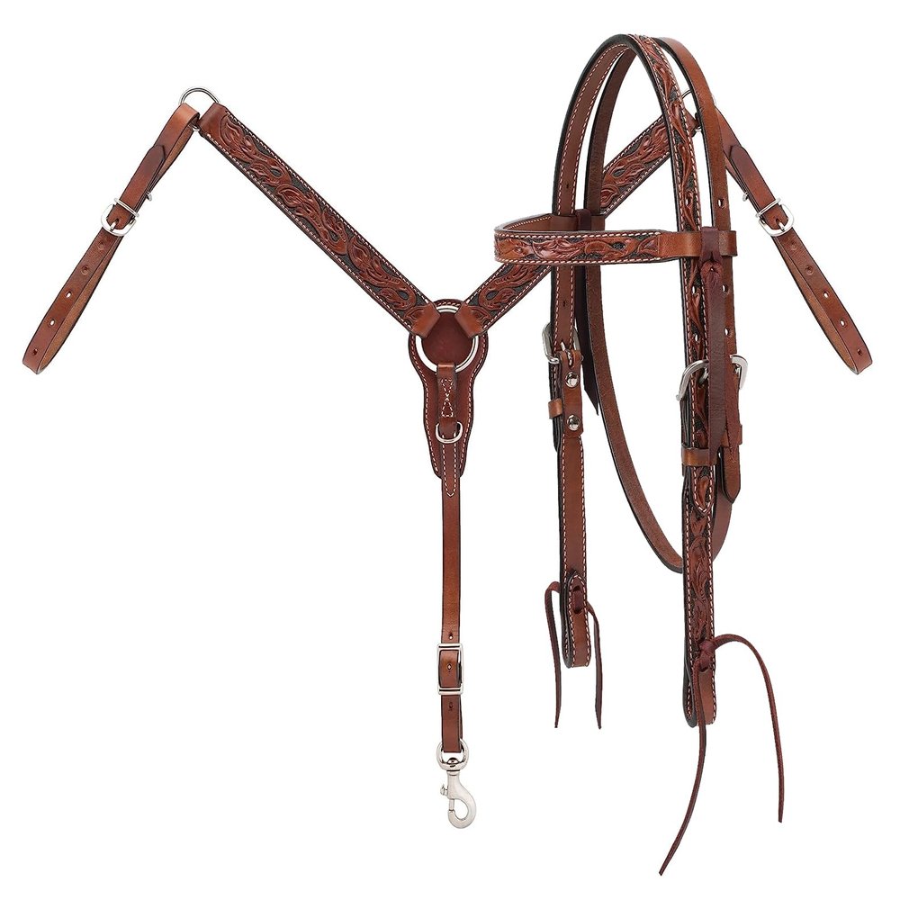 Western Headstall Breast Collar Reins Set Leather Hand Carved Tooled Equestrian Trail Horse Saddle Tack Set Full Cob Pony ST-HTS-076 (Cob)