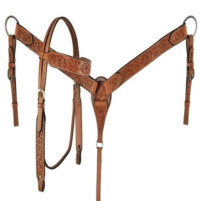 Western Headstall Breast Collar Reins Set Leather Hand Carved Tooled Equestrian Trail Horse Saddle Tack Set Full Cob Pony ST-HTS-067 (Full)