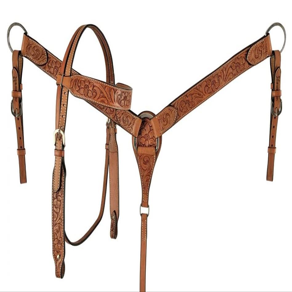 Western Headstall Breast Collar Reins Set Leather Hand Carved Tooled Equestrian Trail Horse Saddle Tack Set Full Cob Pony ST-HTS-067 (Full)