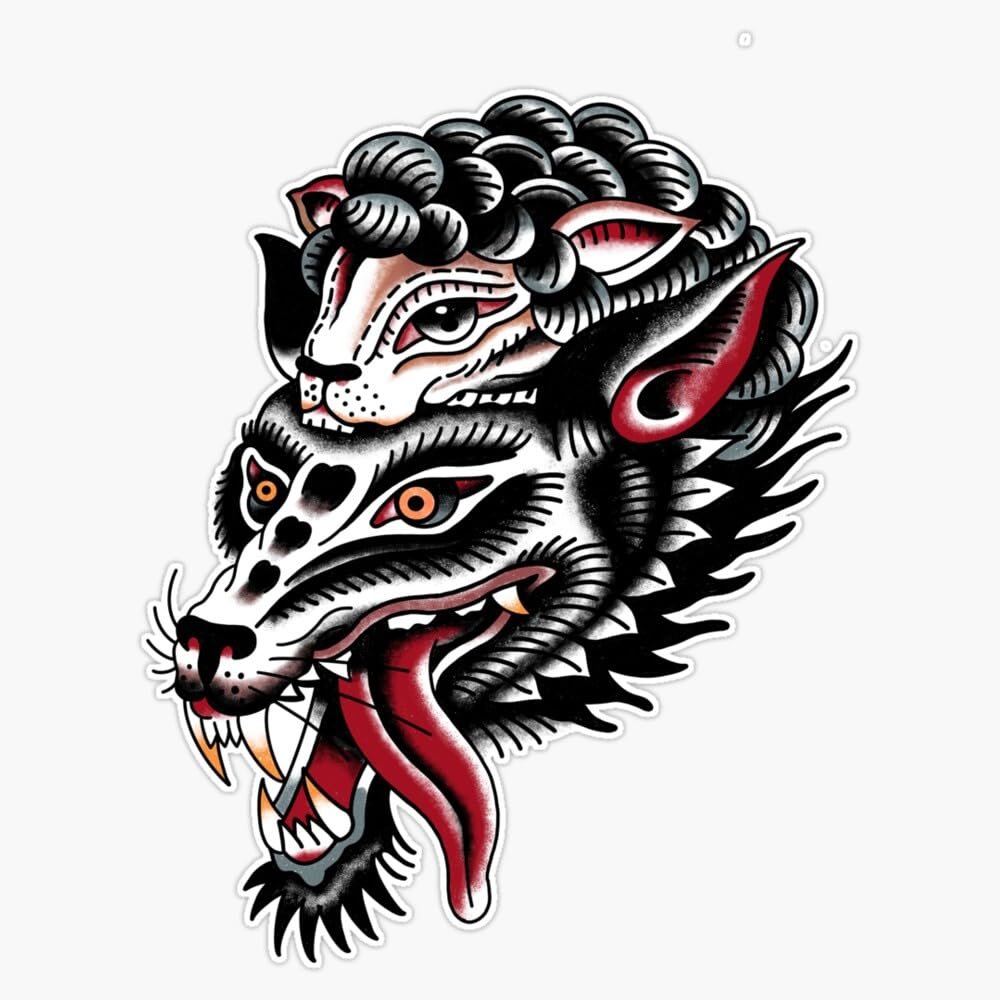 Lamb Wolf - Neo Traditional Tattoo Bumper Sticker Vinyl Decal 5"