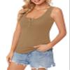 Afibi Womens Scoop Neck Henley Tank Tops Low Cut Solid Sexy Summer Sleeveless Button Down Shirts (XX-Large, Khaki) view 3