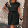 AKIOLOAS Solid Drawstring Waist Batwing Sleeve Dress (Color : Black, Size : X-Large) view 2