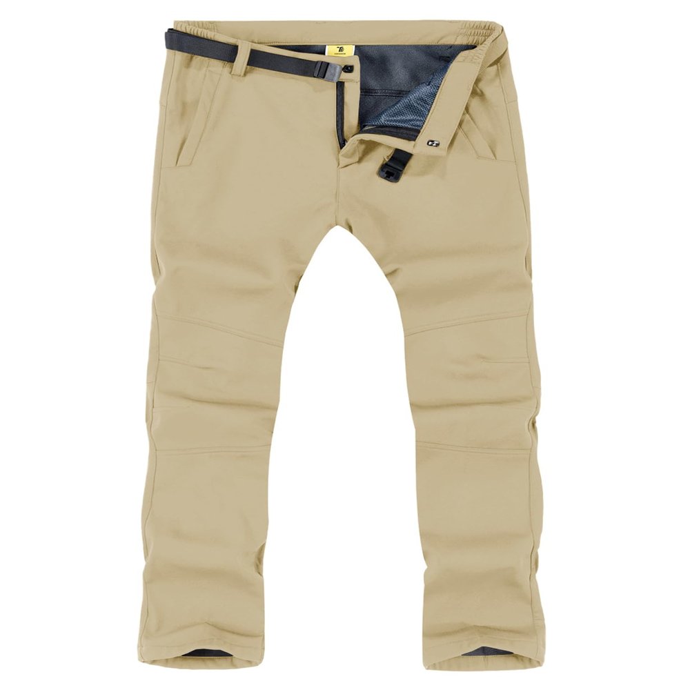 TBMPOY Men's Snow Ski Hiking Pants Waterproof Winter Fleece Lined Pants Camping Skiing Ice Fishing Pants with Belt 01 Thick Light Khaki L