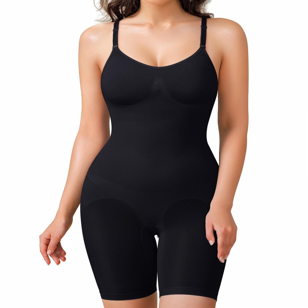 BRABIC Waist Trainer Bodysuit for Women Tummy Control Shapewear Round Neck Seamless Butt Lifter Full Body Shaper (Medium, Black Mid Thigh)
