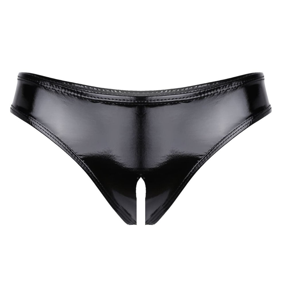 WinChang Women's Shiny Metallic PVC Leather Crotchless Tong Underwear Wet Look Low Rise Bikini Briefs V String Black XX-Large
