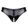 WinChang Women's Shiny Metallic PVC Leather Crotchless Tong Underwear Wet Look Low Rise Bikini Briefs V String Black XX-Large view 1