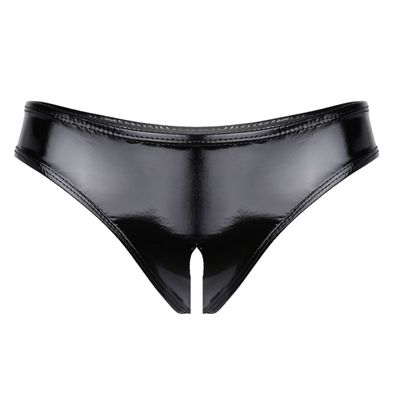 WinChang Women's Shiny Metallic PVC Leather Crotchless Tong Underwear Wet Look Low Rise Bikini Briefs V String Black 3X-Large