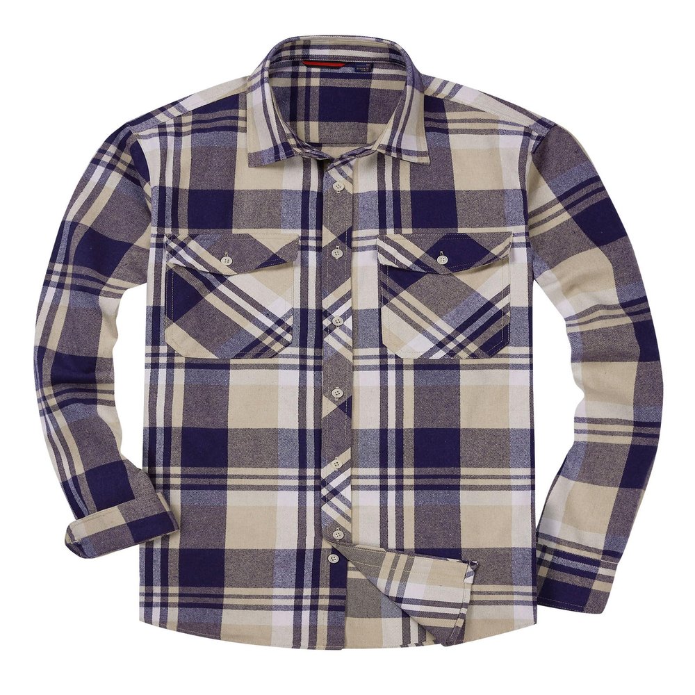 Alimens & Gentle Men's Button Down Regular Fit Long Sleeve Plaid Flannel Casual Shirts Navy Beige
