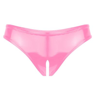 WinChang Women's Shiny Metallic PVC Leather Crotchless Tong Underwear Wet Look Low Rise Bikini Briefs V String Pink Medium