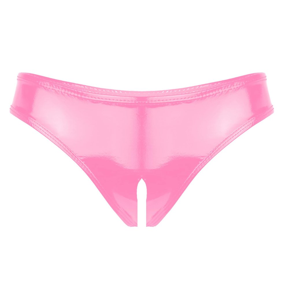 WinChang Women's Shiny Metallic PVC Leather Crotchless Tong Underwear Wet Look Low Rise Bikini Briefs V String Pink Medium