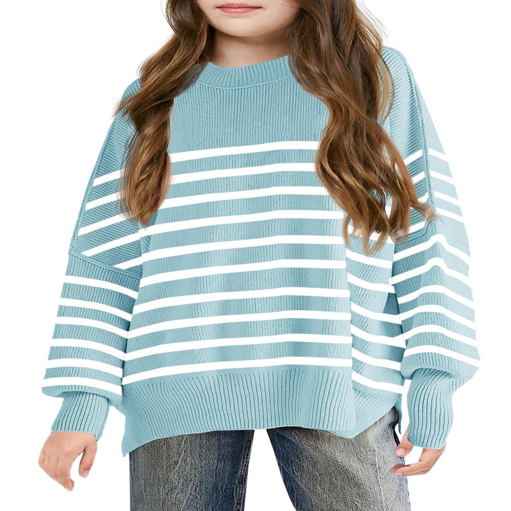 Batermoon Girls Striped Oversized Sweaters Fashion Batwing Sleeve Side Slit Knit Pullover Clothes 5-14 Years Blue