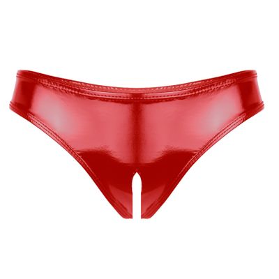 WinChang Women's Shiny Metallic PVC Leather Crotchless Tong Underwear Wet Look Low Rise Bikini Briefs V String Red Medium