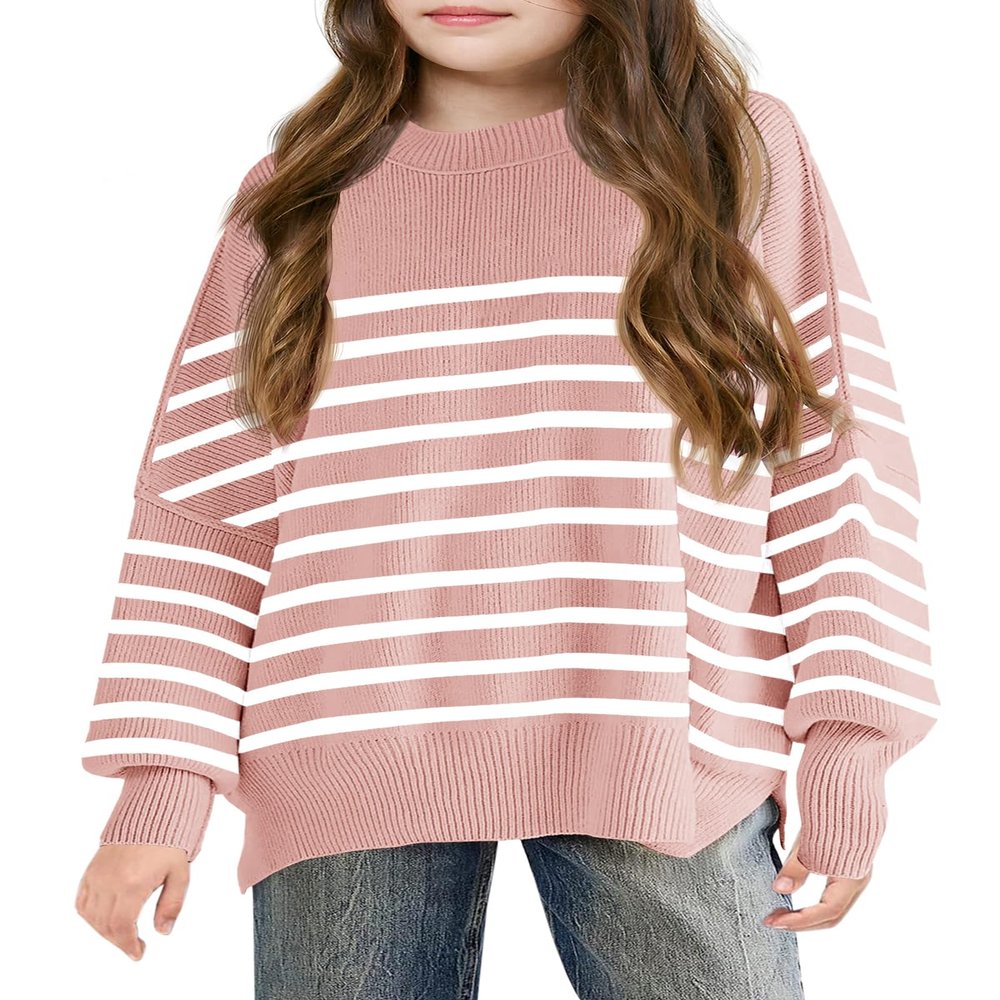 Batermoon Girls Striped Oversized Sweaters Fashion Batwing Sleeve Side Slit Knit Pullover Clothes 5-14 Years Pink