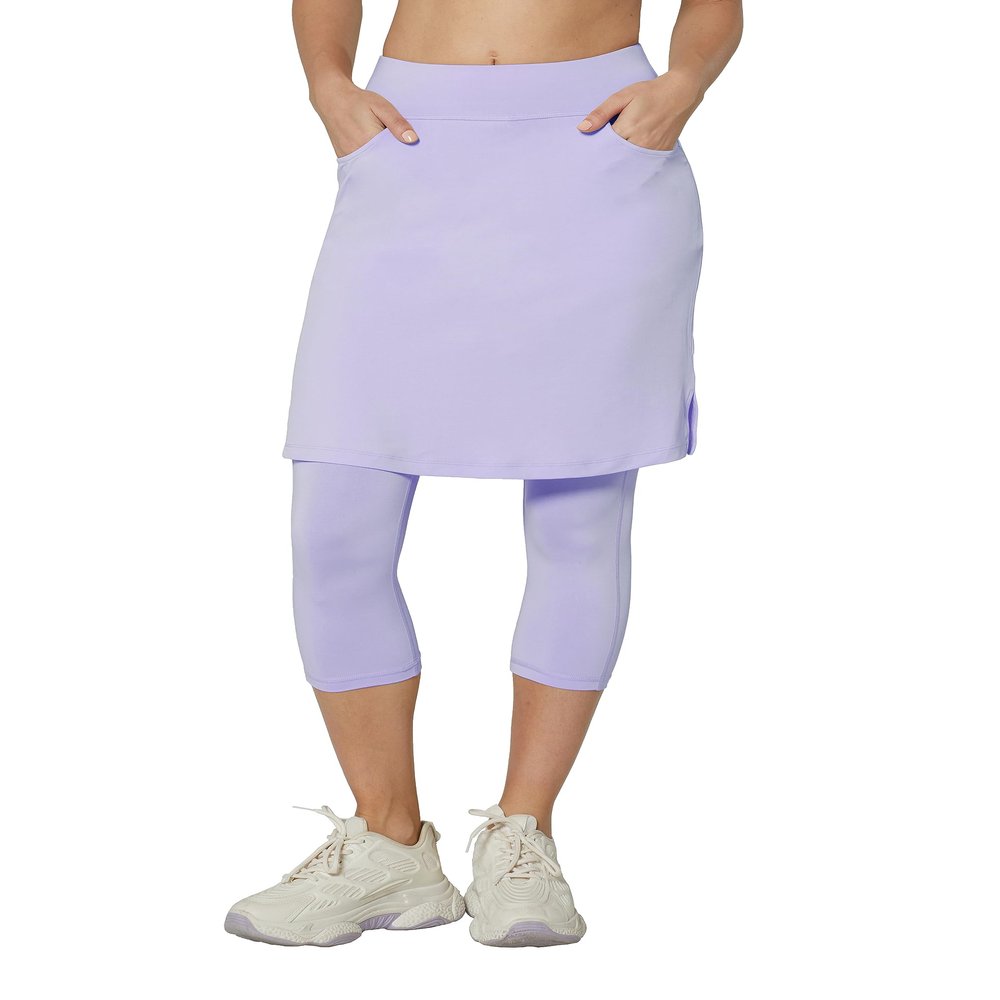 HOKOYI Modest Skirt with Leggings Attached for Women Workout Knee Length Swim Capri Pants with 2 Pockets vi l Light Violet