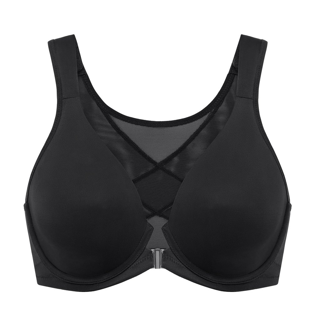 DELIMIRA Women's Front Closure Bras Posture Full Coverage Plus Size Underwire Unlined Back Support Plunge Seamless Bra B-H Cups Black 40F