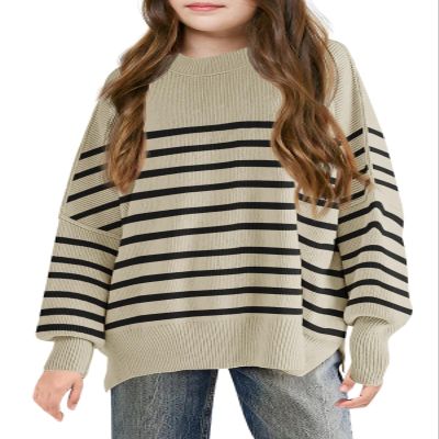 Batermoon Girls Striped Oversized Sweaters Fashion Batwing Sleeve Side Slit Knit Pullover Clothes 5-14 Years Khaki