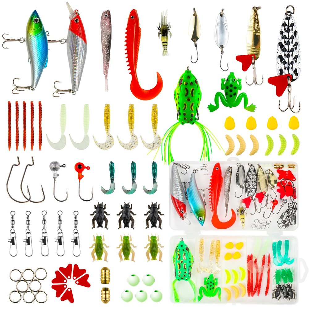 GOANDO Fishing Lures Kit for Freshwater Bait Tackle Kit for Bass Trout Salmon Fishing Accessories Tackle Box Including Spoon Lures Soft Plastic Worms Fishing Gifts (71)