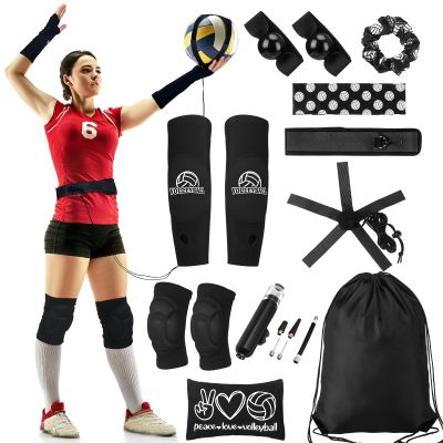 Hiboom 9 Pcs Volleyball Training Equipment Aid Set Included Volleyball Training Belt Hand Straps Arm Braces Knee Braces Hair Rope Headband Pump Drawstring Bag Makeup Bag Volleyball Gifts for Beginners
