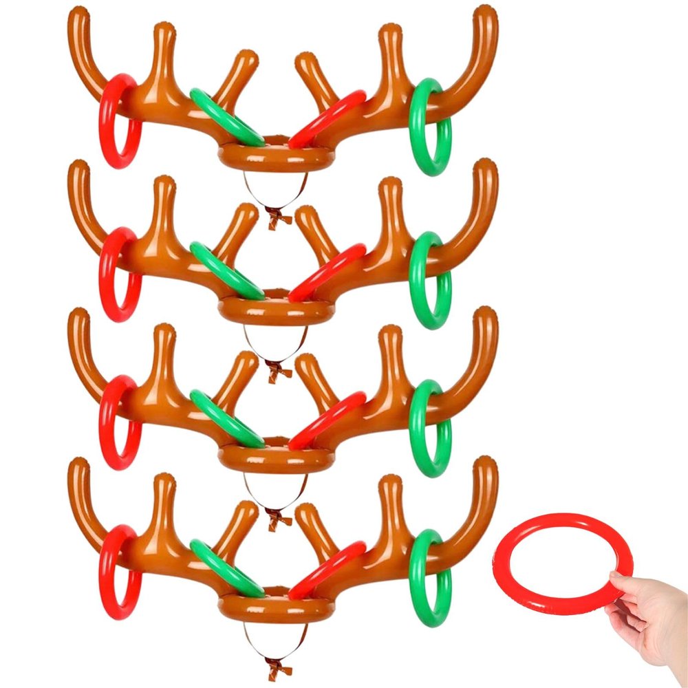 4 Pack Inflatable Antler Ring Games, Inflatable Reindeer Antler Hat with Rings for Christmas Party Toss Game Family Carnival Xmas(4 Antlers 16 Rings)