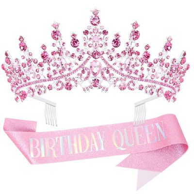 Bolonar Pink Crystal Crown for Women Birthday Queen Tiara with Combs Glitter Birthday Sash