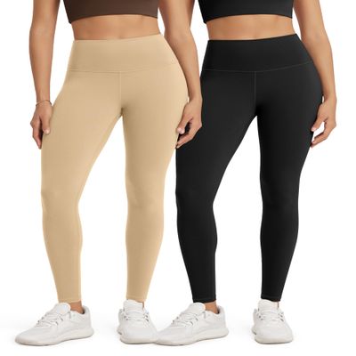 ODODOS Women's High Waist Workout Leggings 2-Pack Tummy Control Full Length Yoga Pants - 25" Inseam, ODLEX Fabric-Squat Proof, Black+Beige, Large