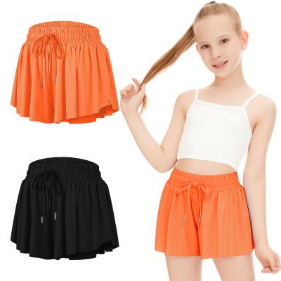 2 Packs Girls Flowy Shorts Butterfly Shorts for Kids with Pocket 2-in-1 Athletic Shorts Running Shorts for Girls Youth (Black + Orange, Large)