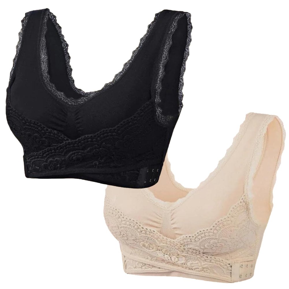 2 Pack Kendally Bra, Front Cross Side Buckle Wireless Push Up Lace Bras, Seamless Tourmaline Shaping Wireless Bralette V Neck Sports Bras for Women Bodys Sexy