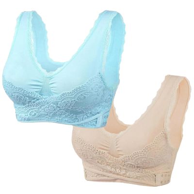 2 Pack Kendally Bra, Front Cross Side Buckle Wireless Push Up Lace Bras, Seamless Tourmaline Shaping Wireless Bralette Bralette for Women Comfort Wire Lencera De Mujer Ertica