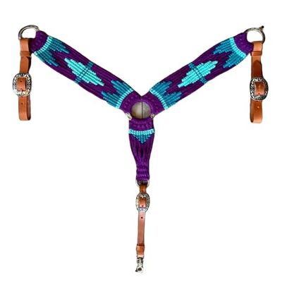 Cheval's International Western Mohair Horse Breast Collar, Handmade Premium Wool & Leather Equestrian Tack, Adjustable, Durable & Comfortable Saddle Breastplate for Horses - Black & Aqua, Pony