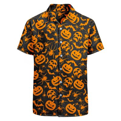 HUGLAZY Pumpkins Hawaiian Shirt for Men Halloween Shirt Men Button Down Short Sleeve Shirts Funny Party Outfit S