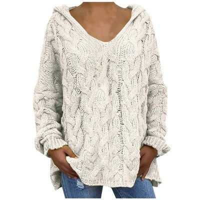 SHAOBGE Furry Sweaters for Women Women Fashion Loose Large Size Solid Color Hood Long Sleeves Long Sweaters Cardigan (White, L)
