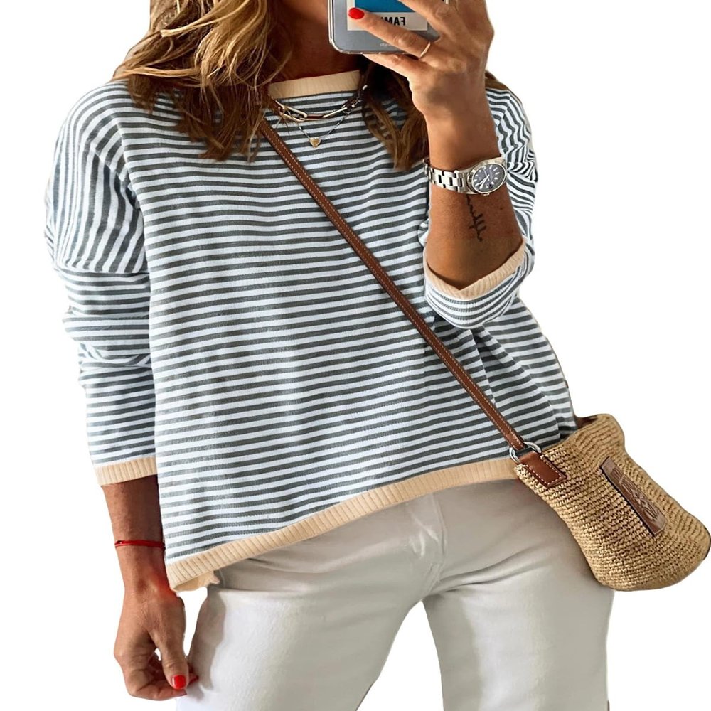 Dokotoo Womens Clothing Color Block Pullover Sweaters 2026 Early Spring Fashion Crew Neck Long Sleeve Jumper Tops Casual Striped Crop Sweater Shirt Old Money Clothes Teacher Outfits Dark Gray Medium