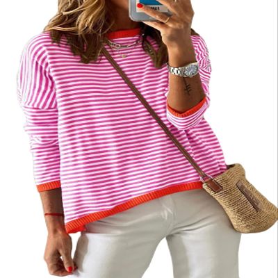 Dokotoo Tops for Women Trendy 2026 Spring Round Neck Long Sleeve Cute Pink Fashion Color Block Top Striped Pullover Sweaters for Women Shirts Teacher School Outfits X-Large