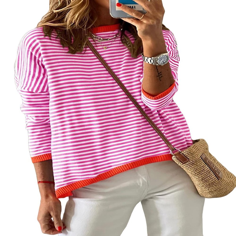 Dokotoo Tops for Women Trendy 2026 Spring Round Neck Long Sleeve Cute Pink Fashion Color Block Top Striped Pullover Sweaters for Women Shirts Teacher School Outfits X-Large