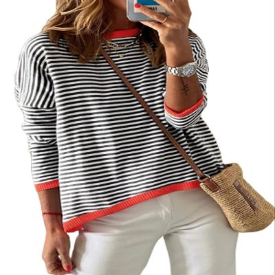 Dokotoo Black Sweaters for Women Casual Striped Long Sleeve Pullover Jumpers Cute Crew Neck Color Block Crop Sweater Old Money ClothesTop XX-Large