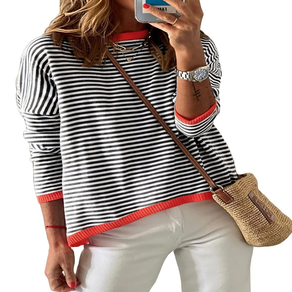 Dokotoo Black Sweaters for Women Casual Striped Long Sleeve Pullover Jumpers Cute Crew Neck Color Block Crop Sweater Old Money ClothesTop XX-Large