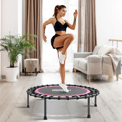 ONETWOFIT 42"/45" Rebounder Trampoline for Adults, Silent Mini Trampoline Indoor Exercise Fitness Trampoline Bungee Rebounder Workout Max Load 330lbs (42IN-Pink)