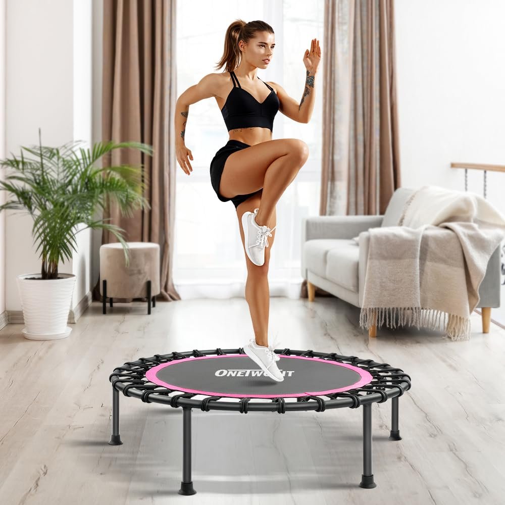 ONETWOFIT 42"/45" Rebounder Trampoline for Adults, Silent Mini Trampoline Indoor Exercise Fitness Trampoline Bungee Rebounder Workout Max Load 330lbs (42IN-Pink)
