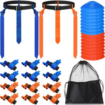 Wettarn 16 Players 10/16 Player Flag Football Belts Adjustable Flag Football Set with Cones Bag for Youth Adults Kids Training Sport (Blue,Orange)