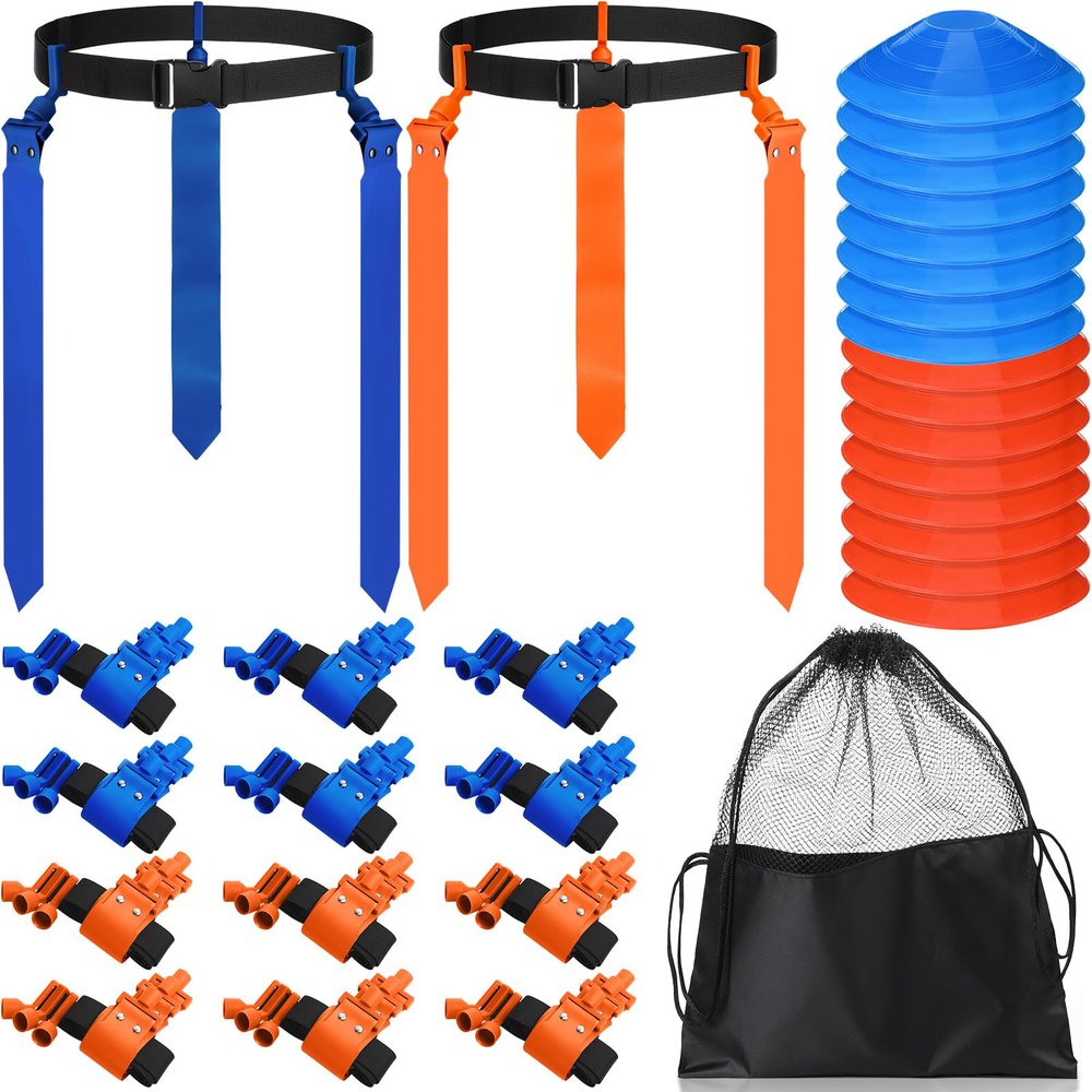Wettarn 16 Players 10/16 Player Flag Football Belts Adjustable Flag Football Set with Cones Bag for Youth Adults Kids Training Sport (Blue,Orange)