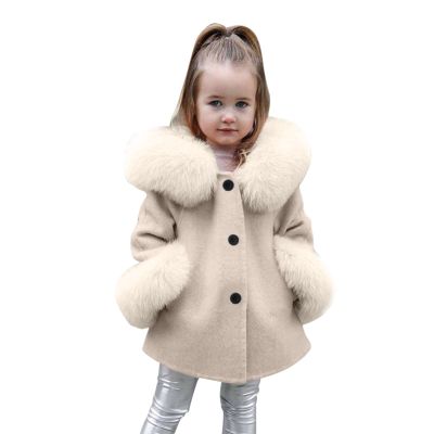 Baby Girls Faux  Teddy Long Coat Kids Winter Windproof Fleece Jacket Warm Outwear Button Hooded (Beige, 6-7 Years)