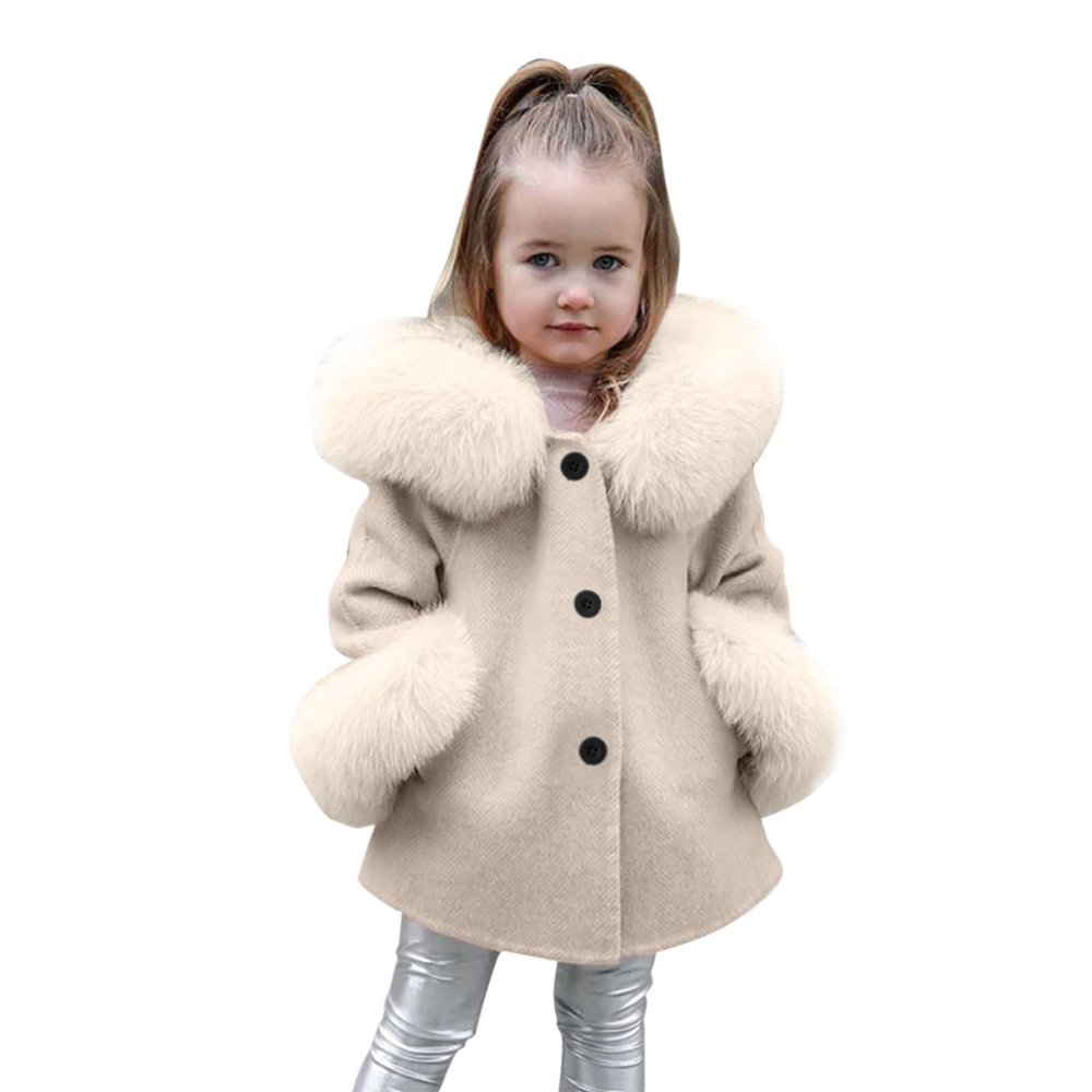 Baby Girls Faux  Teddy Long Coat Kids Winter Windproof Fleece Jacket Warm Outwear Button Hooded (Beige, 6-7 Years)