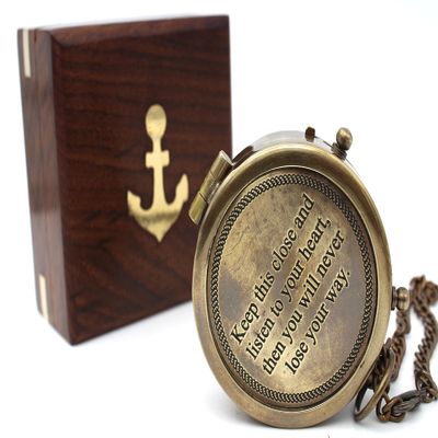 US HANDICRAFTS Listen to Your Heart Engraved Brass Compass | Portable Sentimental Son Birthday, Graduation, Confirmation Gift | Pocket Compass with Wooden Case with Case
